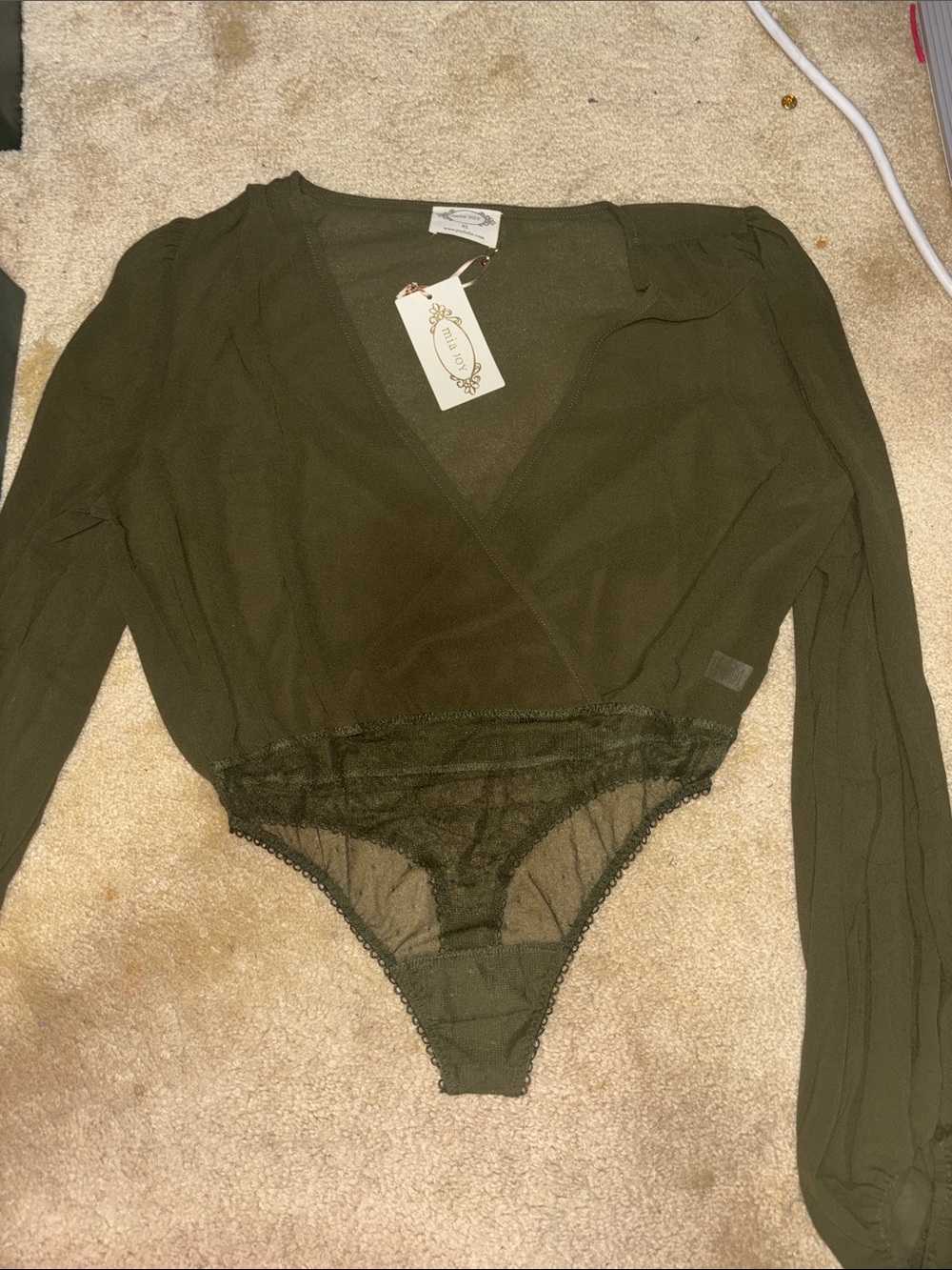 Mia Joy Olive Green Lace-Trim Bodysuit
